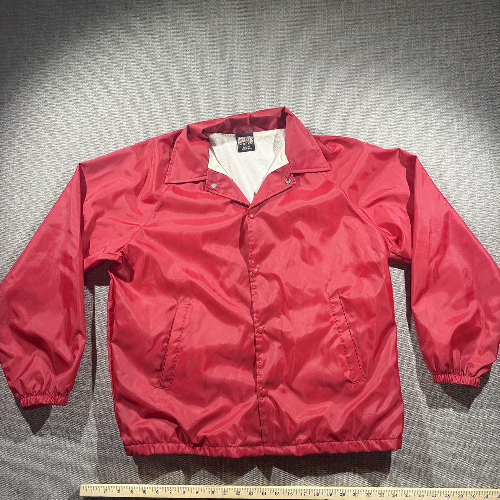 Vintage Athletic Works Jacket Mens Medium Red Nylon Snap Windbreaker USA 90s